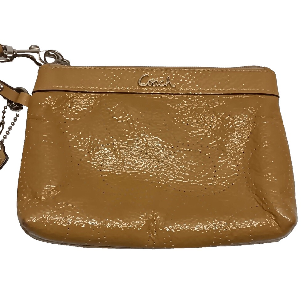 Coach Patent Leather Corner Zip Wristlet Wallet Caramel Brown Coin Purse GUC